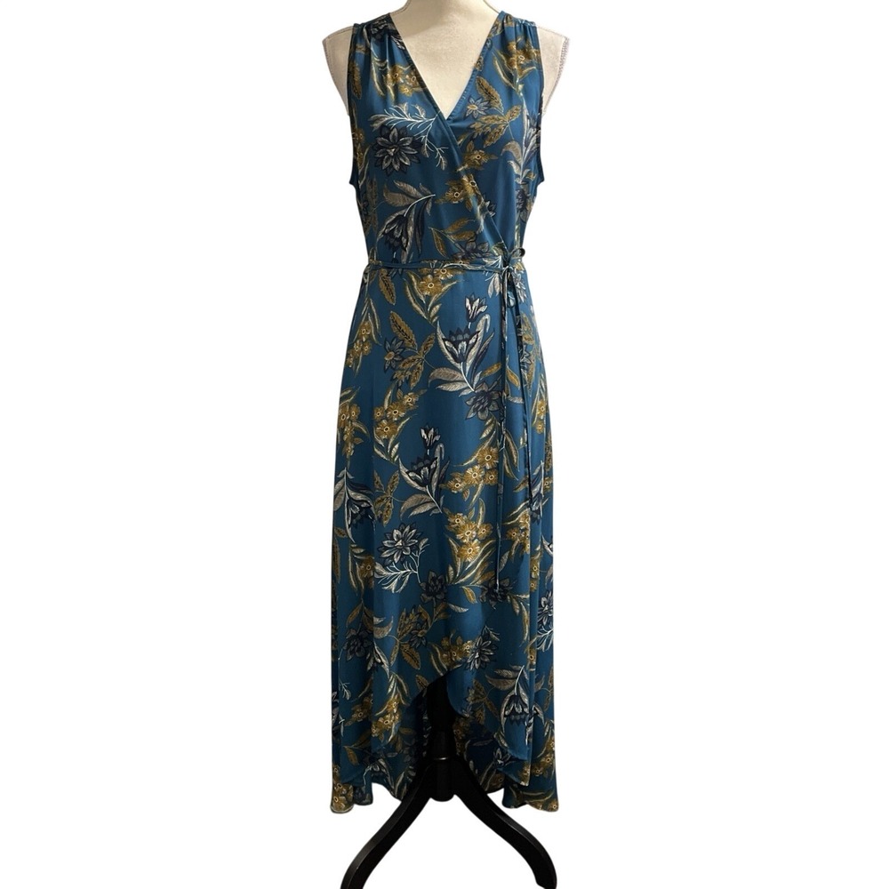 Allison Joy Wrap Dress Blue Floral Sheer‎ Chiffon Maxi Womens M Wedding Guest